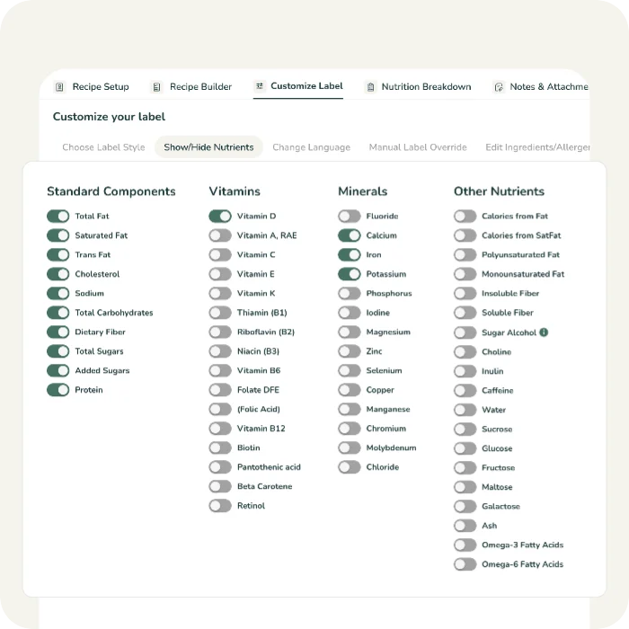 A label customization feature allowing users to show or hide specific nutrients, vitamins, and minerals for their nutrition facts panel.