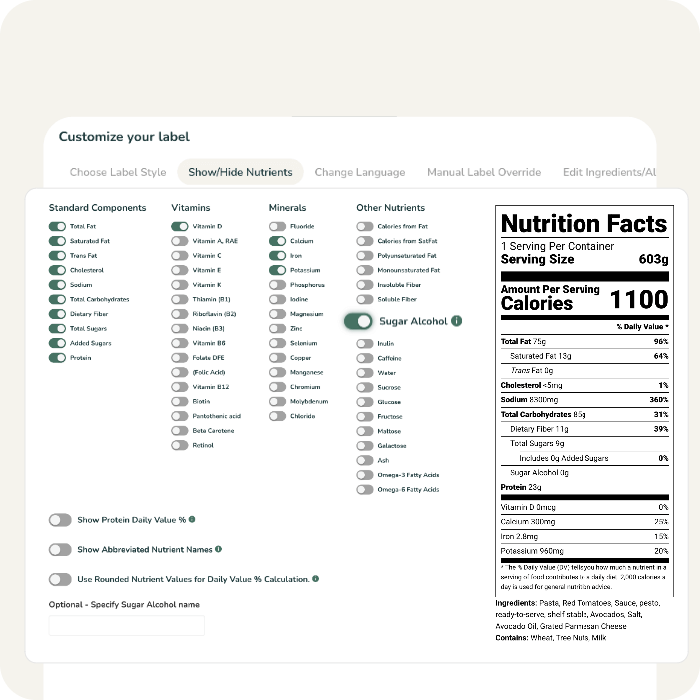 A nutrient customization dashboard allowing users to show or hide sugar alcohols and other nutrients on their nutrition facts panel.