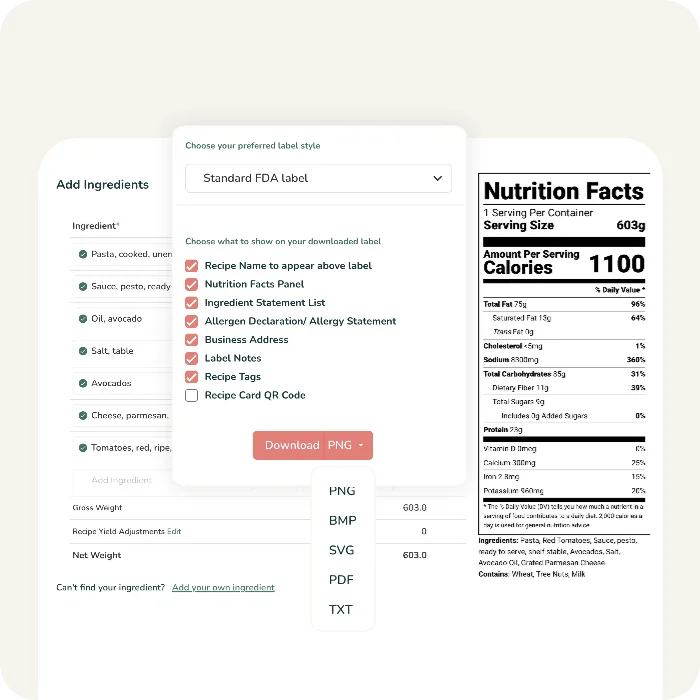 A download options menu next to an ingredient list and nutrition facts label showing label export formats like Vector, PDF, BMP, & PNG.