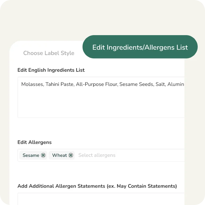A manual editing tool for ingredient statements and allergen declarations, ensuring users can manually modify disclosures.