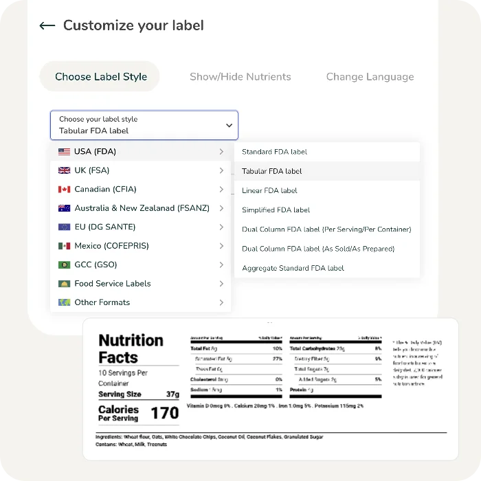A dropdown menu displaying global nutrition label styles and formats, including FDA, CFIA, and UK FSA styles, with a live label preview.
