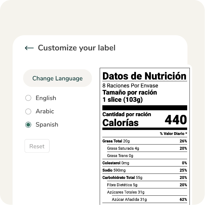 A nutrition label generator interface displaying the one-click language translation feature to convert English labels into Spanish or Arabic formats.