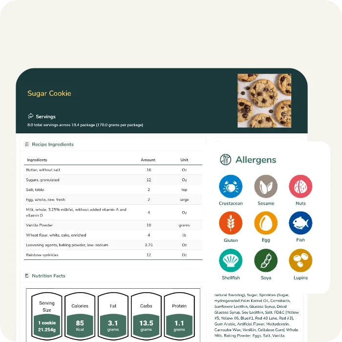 A detailed recipe card displaying ingredients, allergen icons, and nutrition facts summaries.