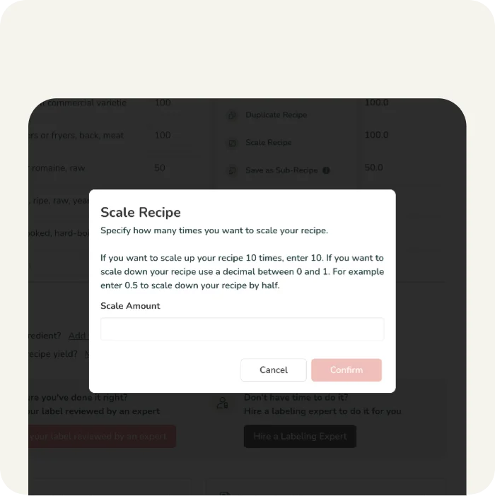 A recipe scaling tool interface where users can scale their recipes up or down.