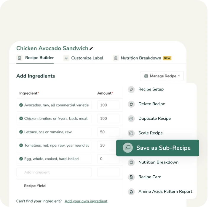 A sub-recipe management feature allowing users to save complex ingredient lists as reusable sub-recipes.