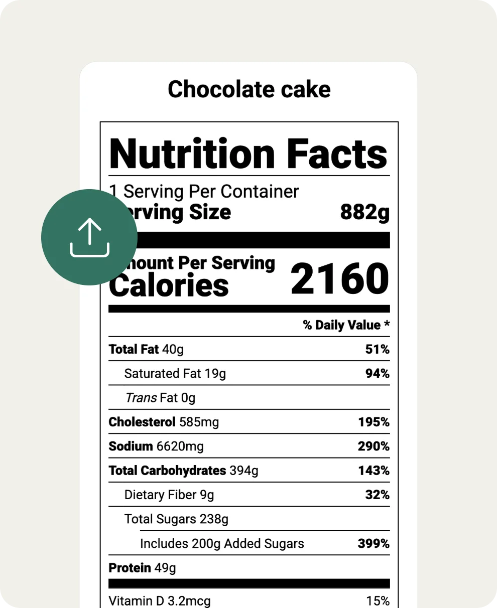 FDA Nutrition Facts label for Chocolate Cake showing 2160 calories per 882g serving with export button in Food Label Maker