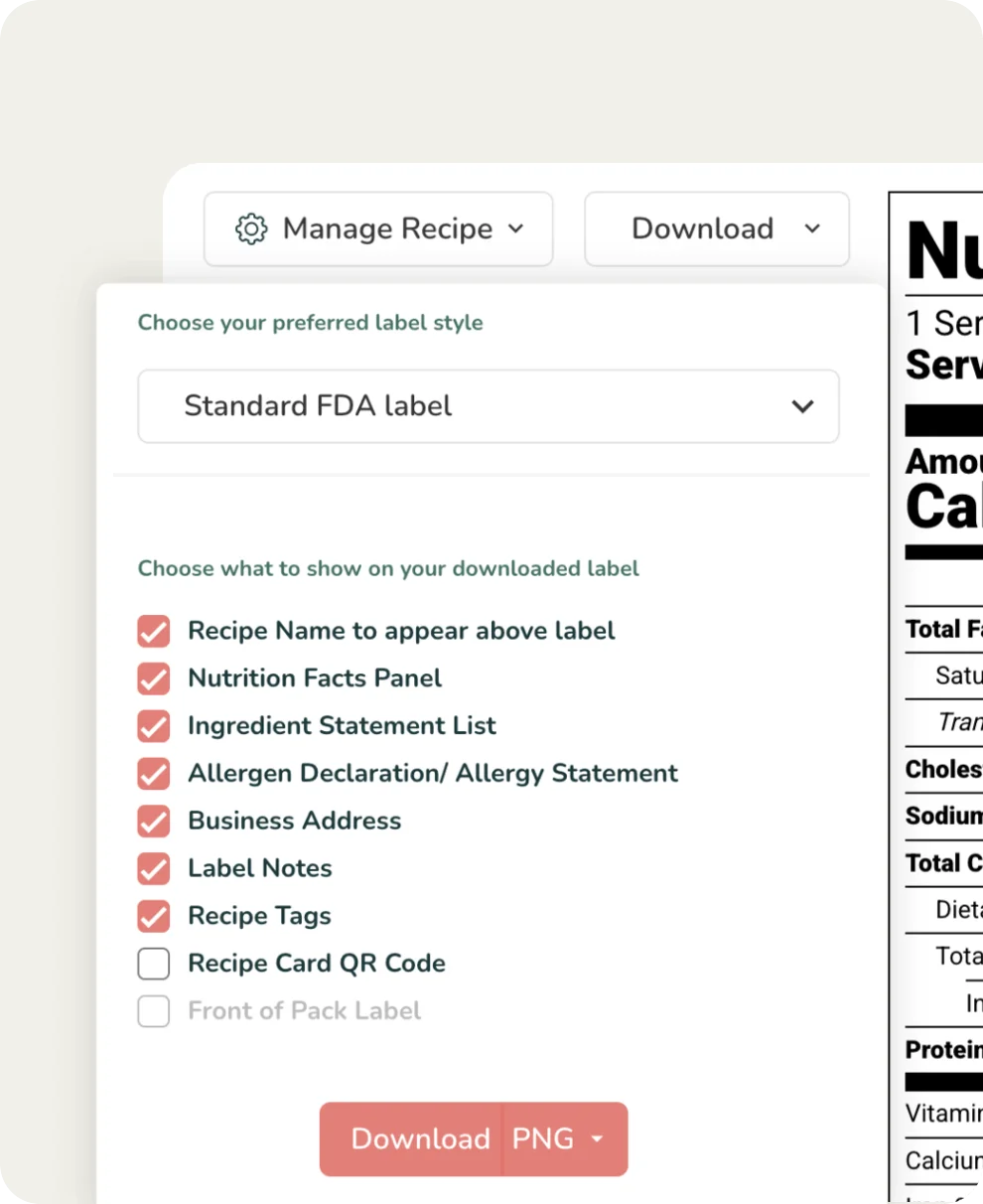 Food Label Maker Customize Label panel with Standard FDA label selected, component checkboxes, and live label preview