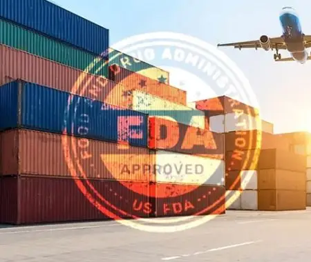 Stacked shipping containers and airplane with FDA Approved stamp overlay, illustrating food import regulatory compliance