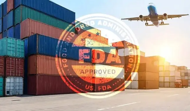 Stacked shipping containers and airplane with FDA Approved stamp overlay, illustrating food import regulatory compliance