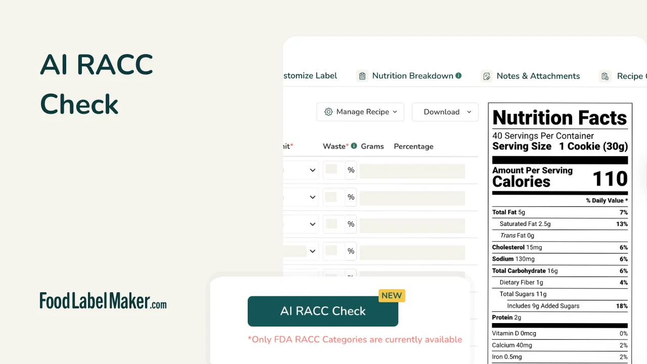 Food Label Maker AI RACC Check feature for automated FDA serving size verification alongside a cookie Nutrition Facts label
