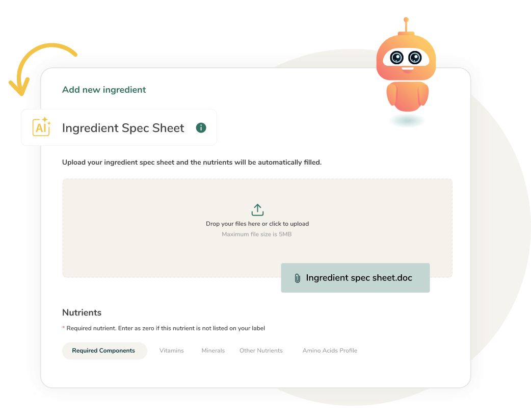 Ingredient spec sheet upload interface with AI icon, file drop zone showing uploaded document, and nutrient tabs for required components, vitamins, minerals, and amino acids