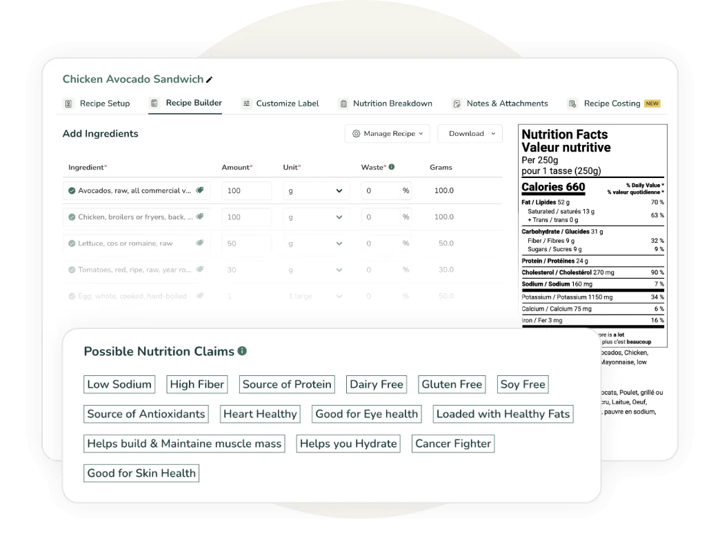 Food Label Maker Recipe Builder with bilingual Nutrition Facts/Valeur Nutritive label and auto-generated nutrition claims panel