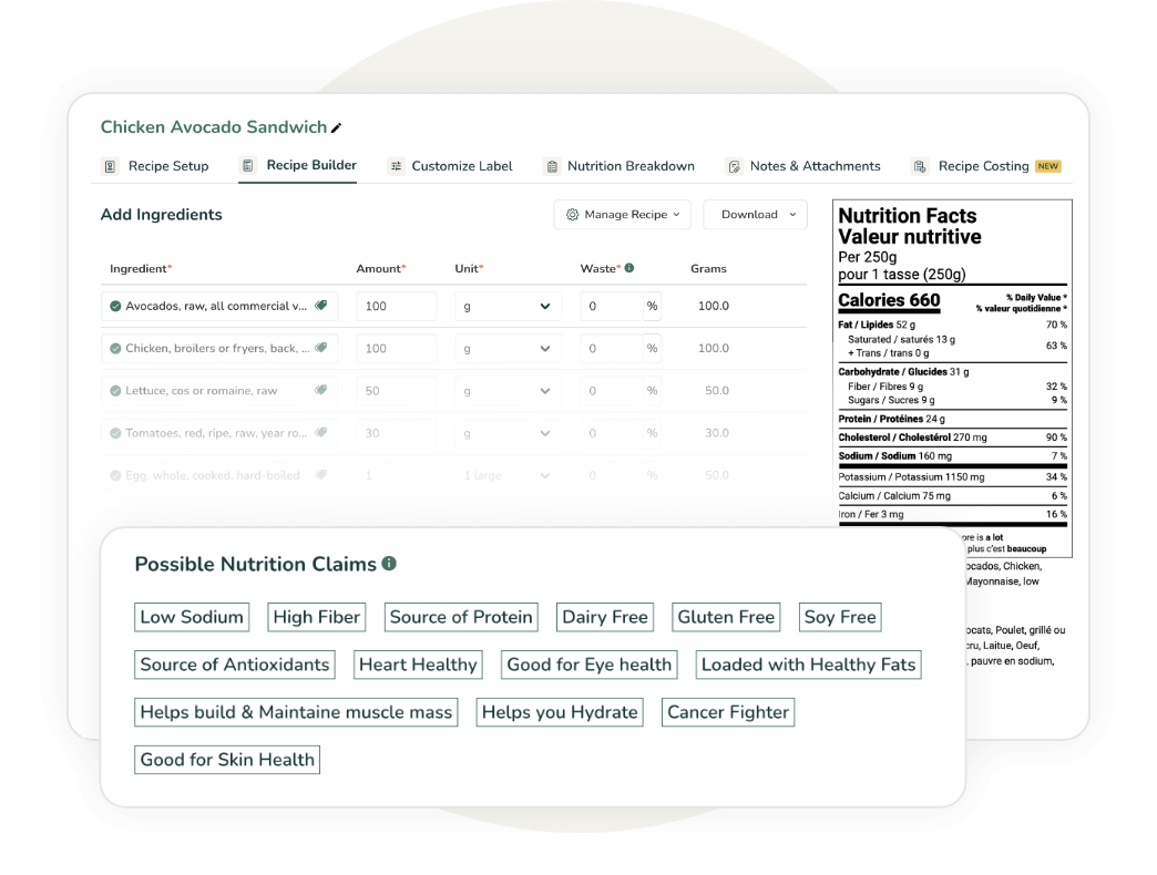 Food Label Maker Recipe Builder with bilingual Nutrition Facts/Valeur Nutritive label and auto-generated nutrition claims panel