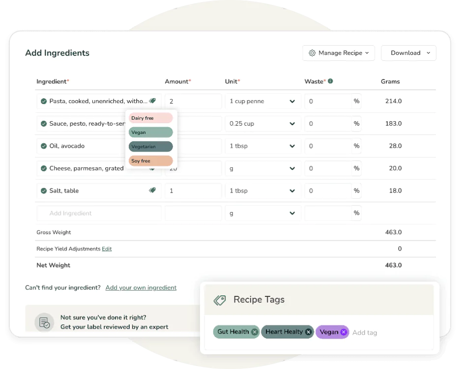 Food Label Maker Recipe Builder showing ingredient dietary tags and recipe tags including Vegan, Gut Health, and Heart Healthy