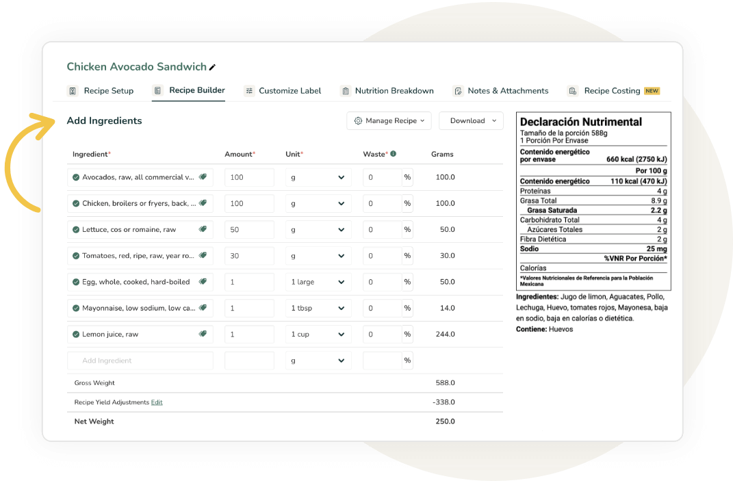 Recipe builder interface for Chicken Avocado Sandwich with ingredient list and quantities alongside Mexican nutrition label (Declaración Nutrimental) showing 660 kcal per 588g serving