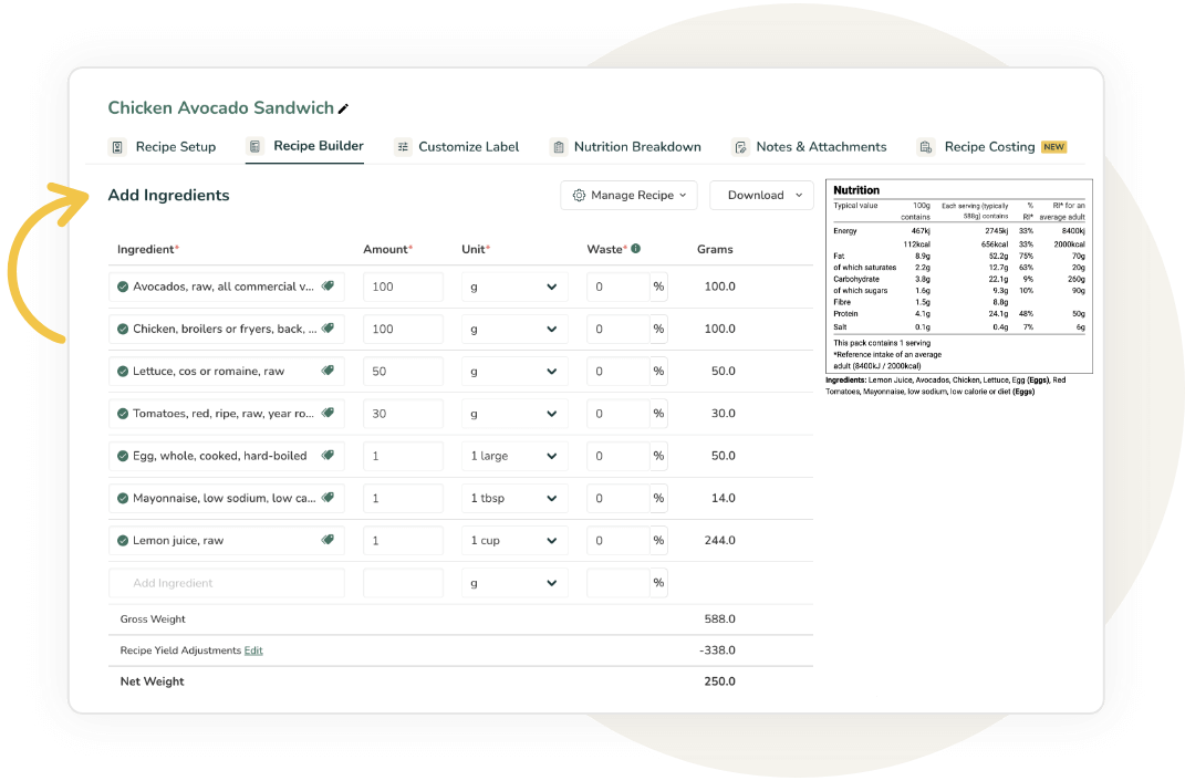 Food Label Maker Recipe Builder showing Chicken Avocado Sandwich with UK-style EU Nutrition Information table