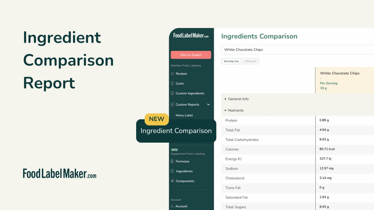 Food Label Maker Ingredient Comparison Report feature showing per-serving nutrient data side-by-side for custom ingredients