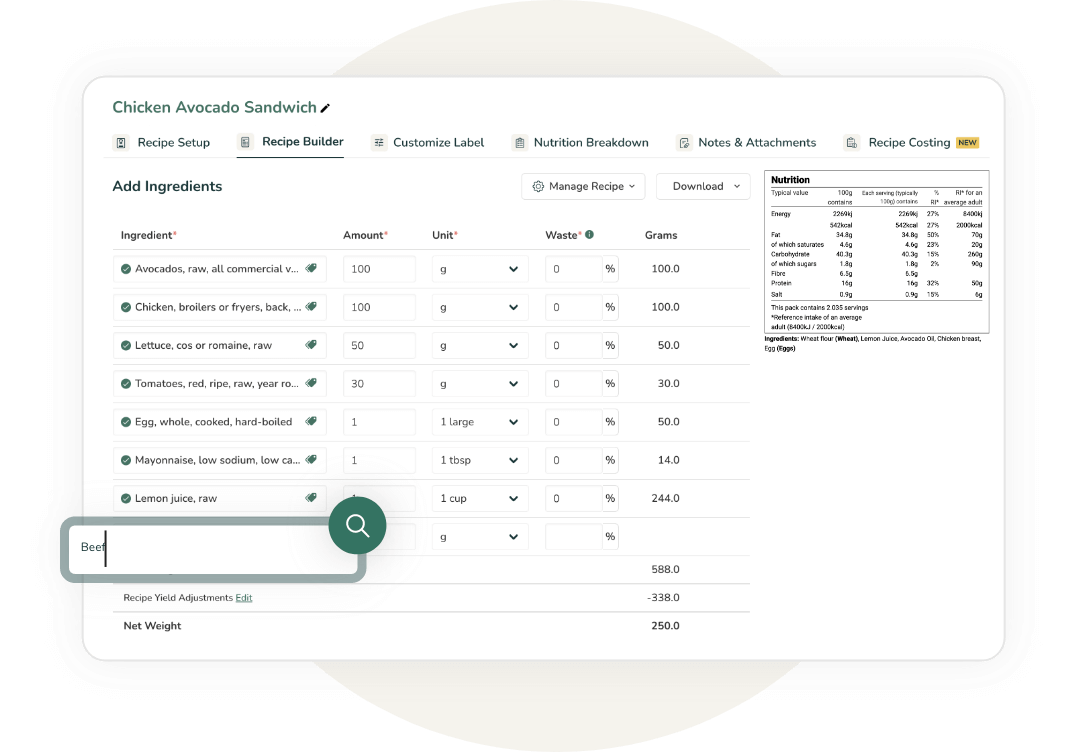 Food Label Maker Recipe Builder showing Chicken Avocado Sandwich with UK/EU Nutrition Information table and per-serving comparison