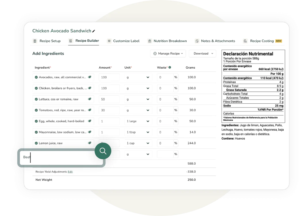 Food Label Maker Recipe Builder showing Chicken Avocado Sandwich with Mexican Declaracion Nutrimental label per 100g and per container