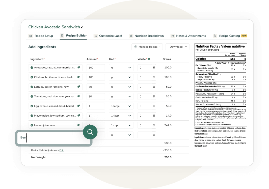 Food Label Maker Recipe Builder with Chicken Avocado Sandwich and bilingual Canadian Nutrition Facts/Valeur Nutritive as-sold and prepared view