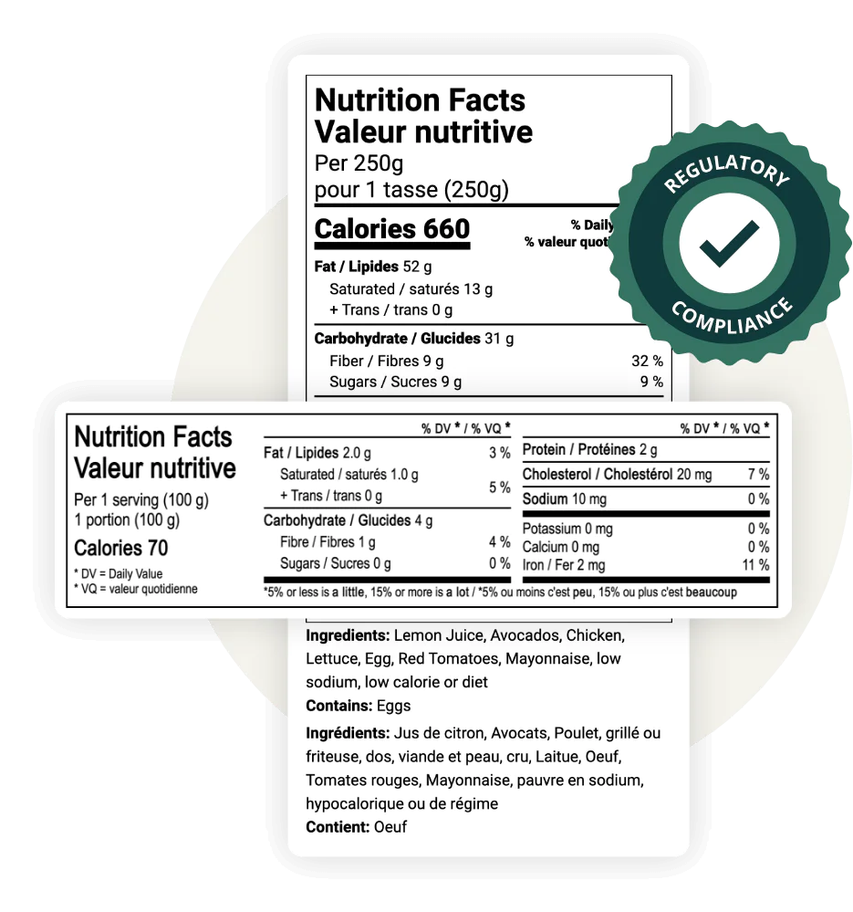 Bilingual Canadian Nutrition Facts/Valeur Nutritive with Health Canada front-of-pack warning labels and regulatory compliance badge