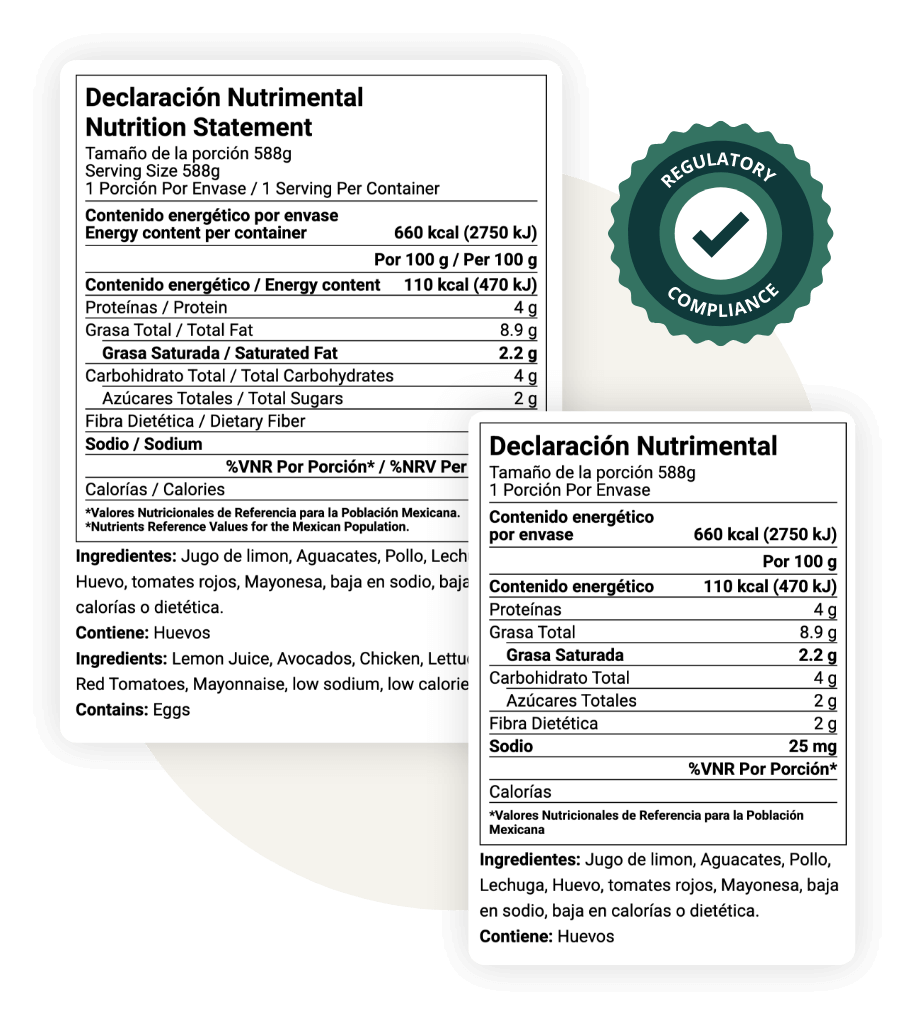Bilingual Mexican Declaracion Nutrimental/Nutrition Statement with regulatory compliance badge showing two label variants