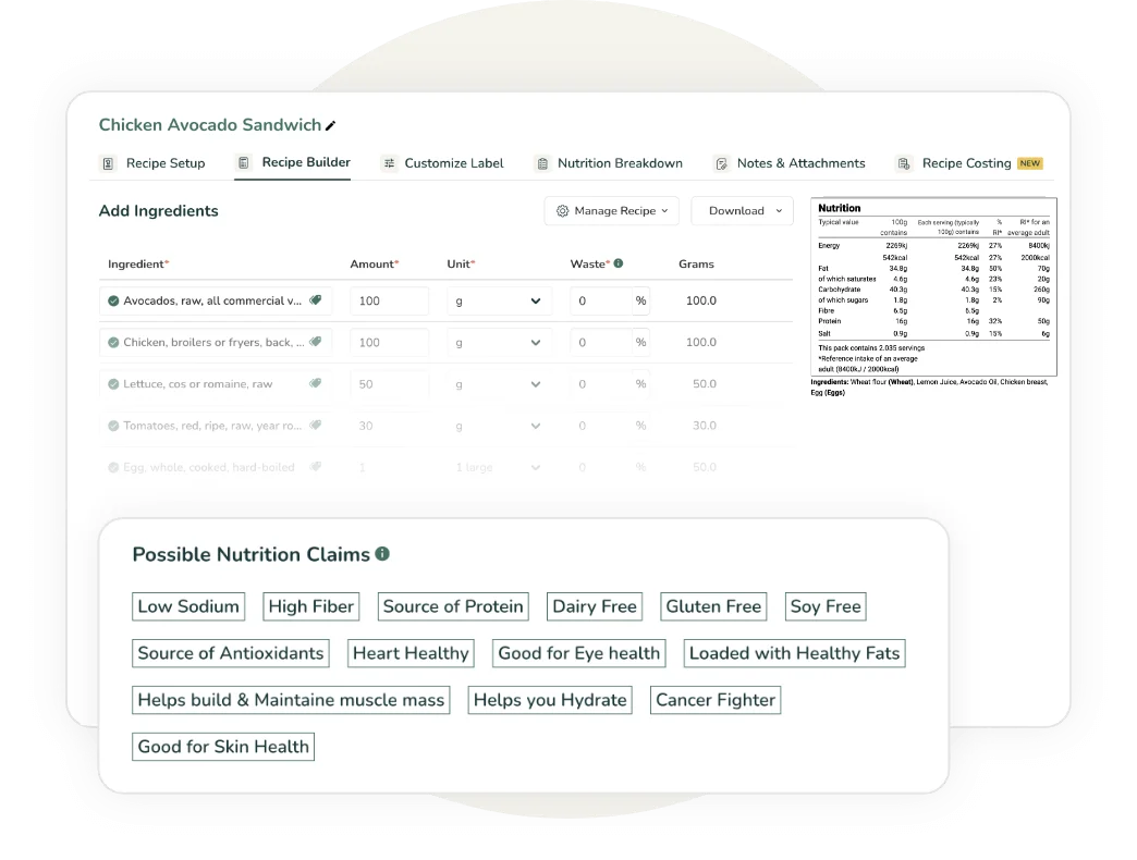 Food Label Maker Recipe Builder showing UK/EU Nutrition Information table and auto-generated nutrition claims panel
