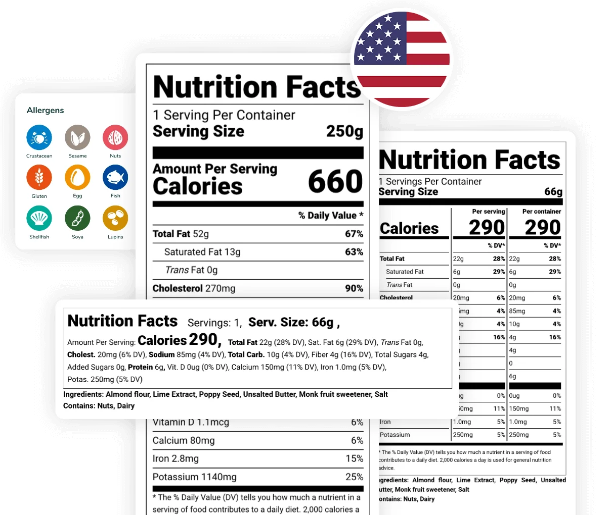 FDA Nutrition Facts panels including standard and dual-column formats with allergen icons for US market food labeling