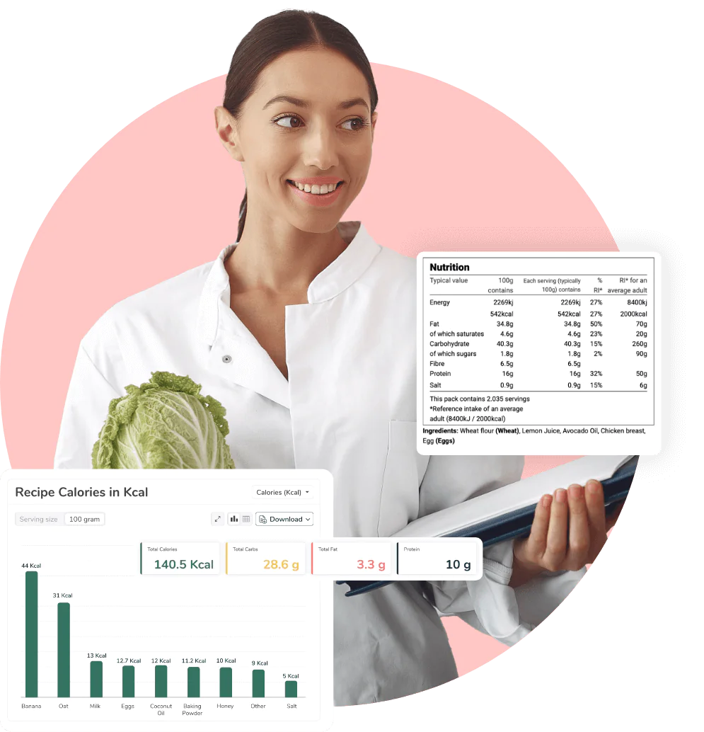 Nutritionist reviewing recipe calorie bar chart and UK Nutrition table in Food Label Maker