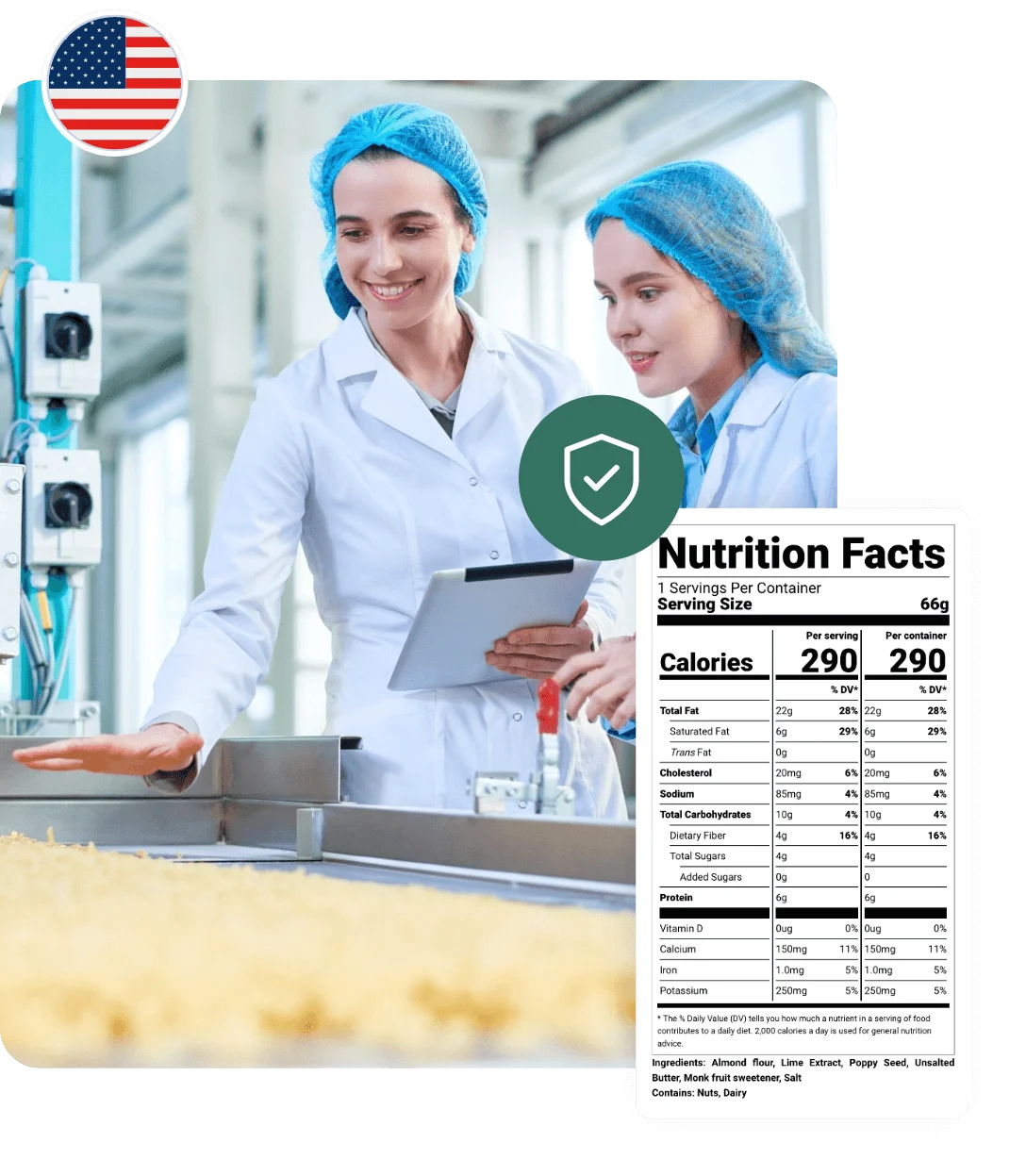 Two food industry professionals in white lab coats and blue hair nets reviewing a tablet in a facility, with US flag icon, green security shield checkmark, and nutrition facts label showing 290 calories per serving