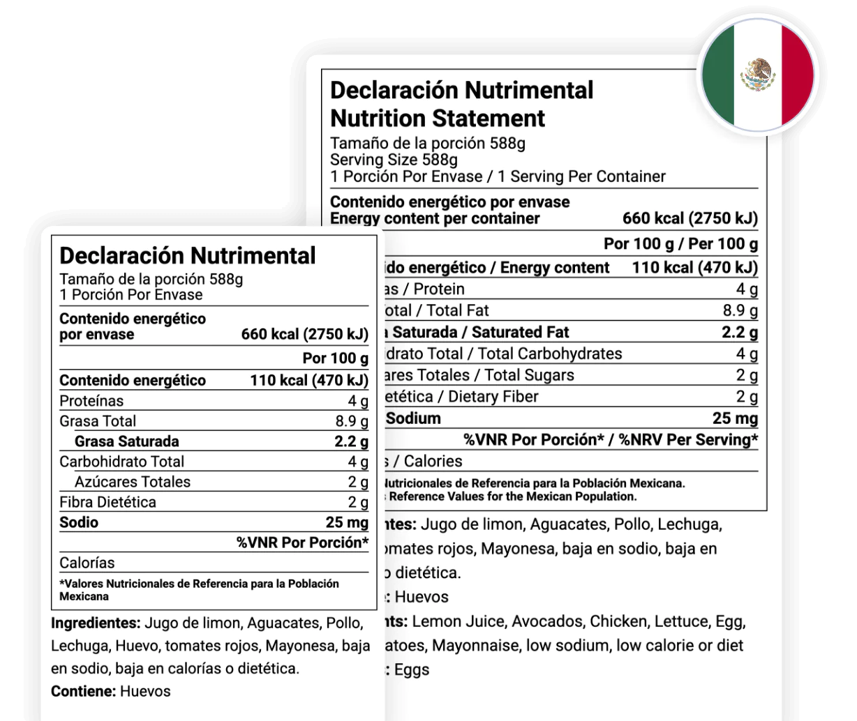 Mexico bilingual Declaracion Nutrimental with Nutrition Statement side-by-side label preview