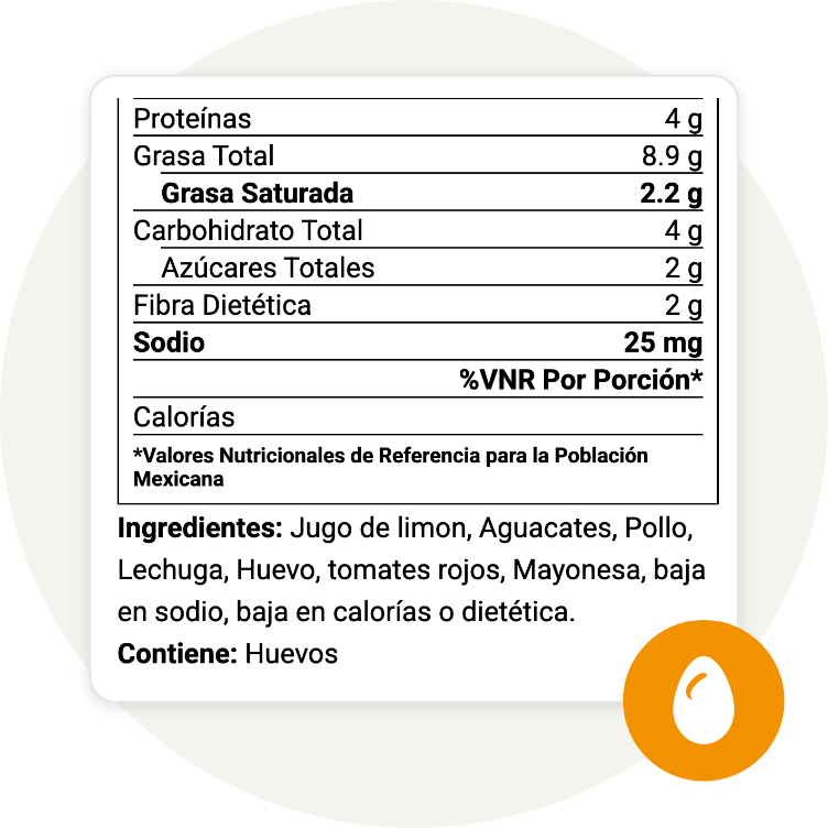 Mexico Declaracion Nutrimental showing macronutrients per 100g in Spanish with %VNR values and Contiene Huevos allergen icon