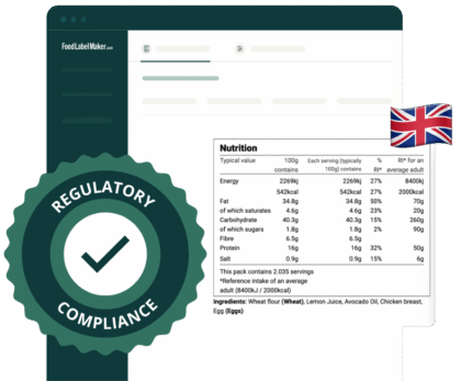 Food Label Maker generating a UK Nutrition information table with Regulatory Compliance checkmark badge