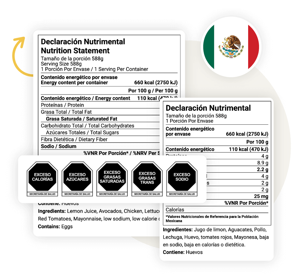 Mexican bilingual nutrition labels showing 660 kcal per 588g serving with black warning symbols for excess calories, sugars, saturated fat, trans fat, and sodium
