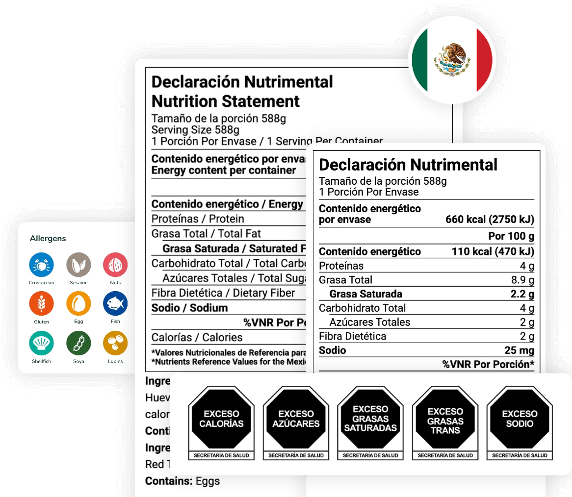 Mexico Declaracion Nutrimental with EXCESO warning seals for calories, saturated fat, sugars, and sodium