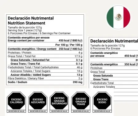 Mexico food label compliance showing bilingual Declaracion Nutrimental per 100g and five Exceso warning octagon seals
