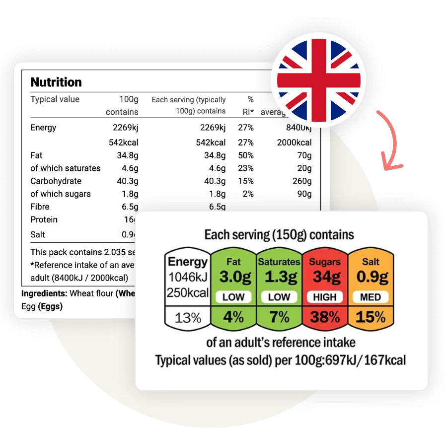 UK nutrition labels showing traditional format per 100g (2269kJ/542kcal) and front-of-pack traffic light label for 150g serving with low fat (3.0g), low saturates (1.3g), high sugars (34g), and medium salt (0.9g)
