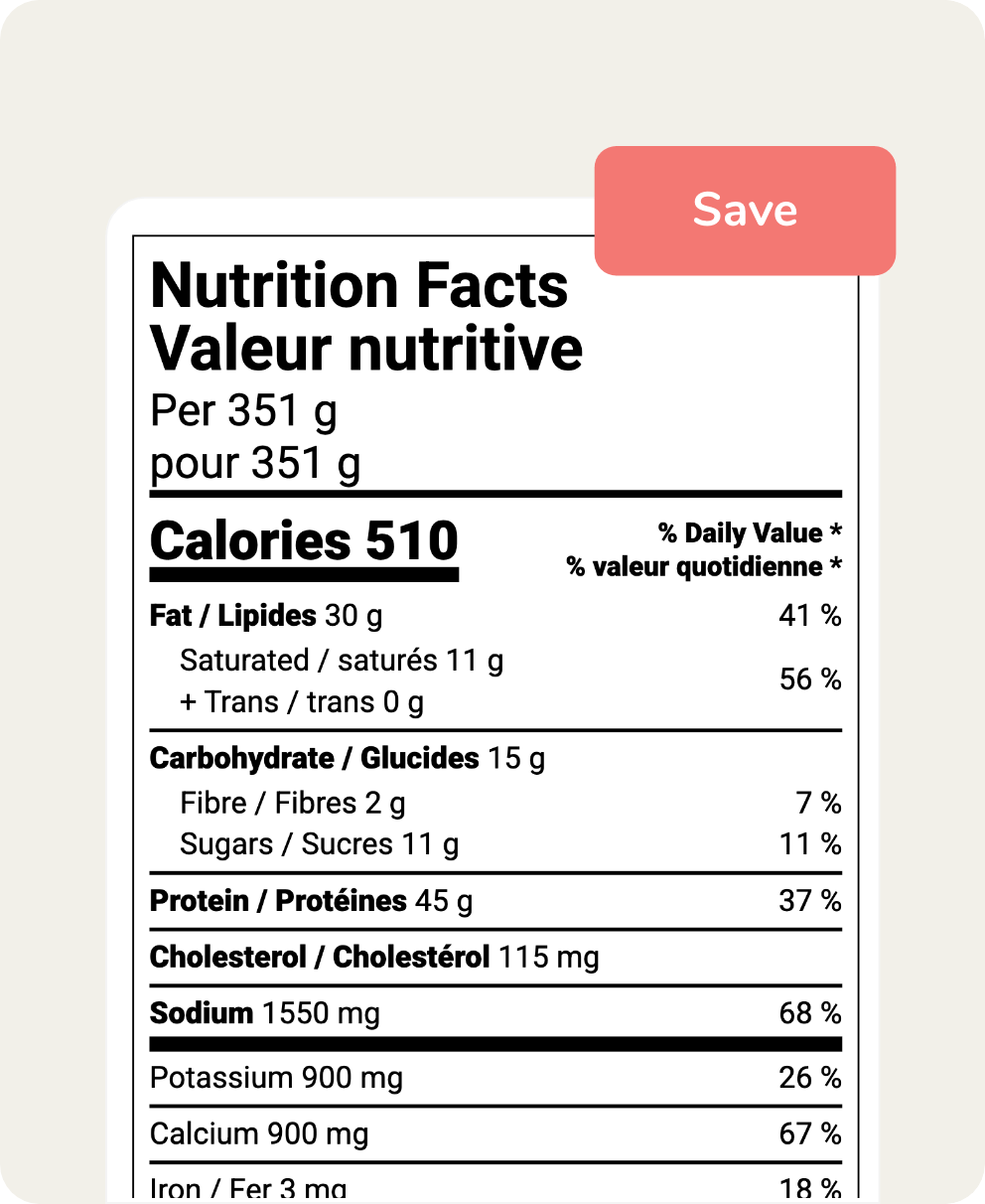 Canada bilingual Nutrition Facts panel with 510 calories and Save button for finalizing the label