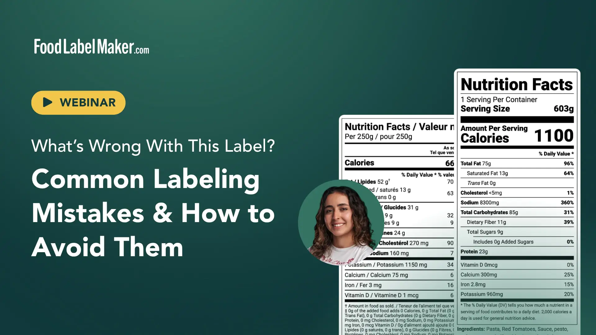 Webinar thumbnail: Common Labeling Mistakes and How to Avoid Them with sample high-calorie Nutrition Facts panel