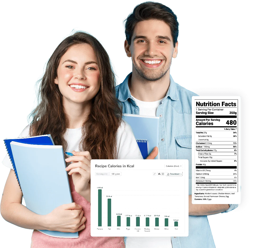 Smiling university students holding books next to a display of Food Label Maker software, showing a compliant nutrition label and a recipe calories chart