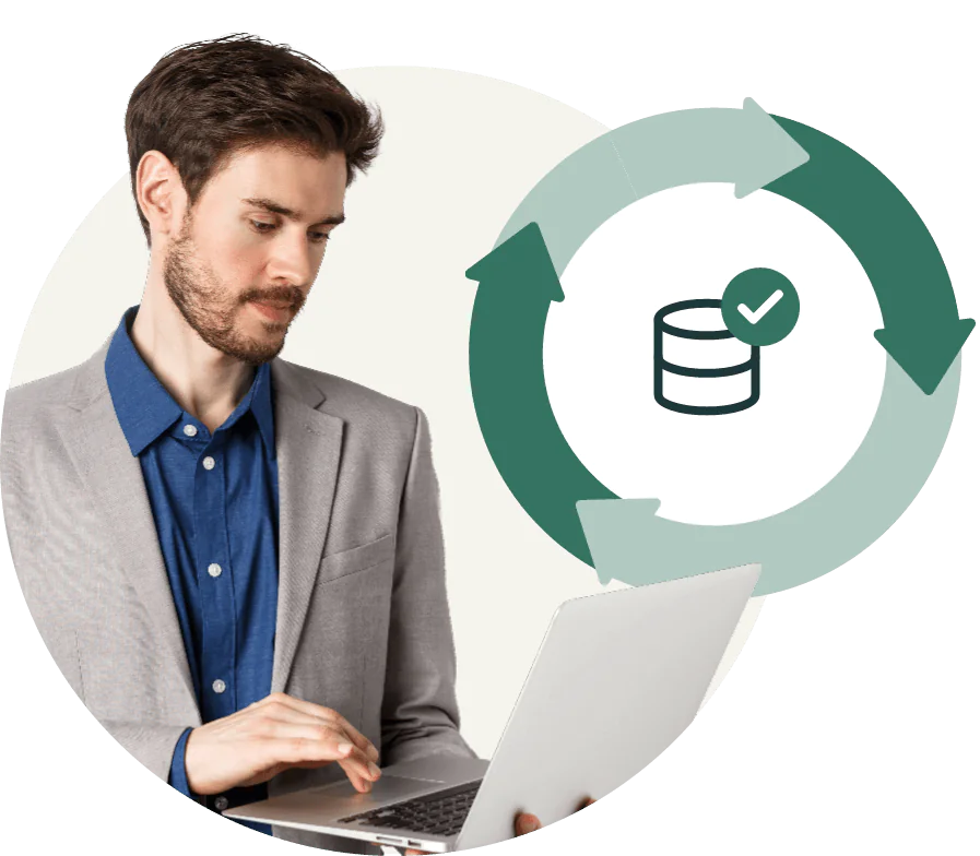 Business man using laptop with a circular workflow diagram showing successful data integration.