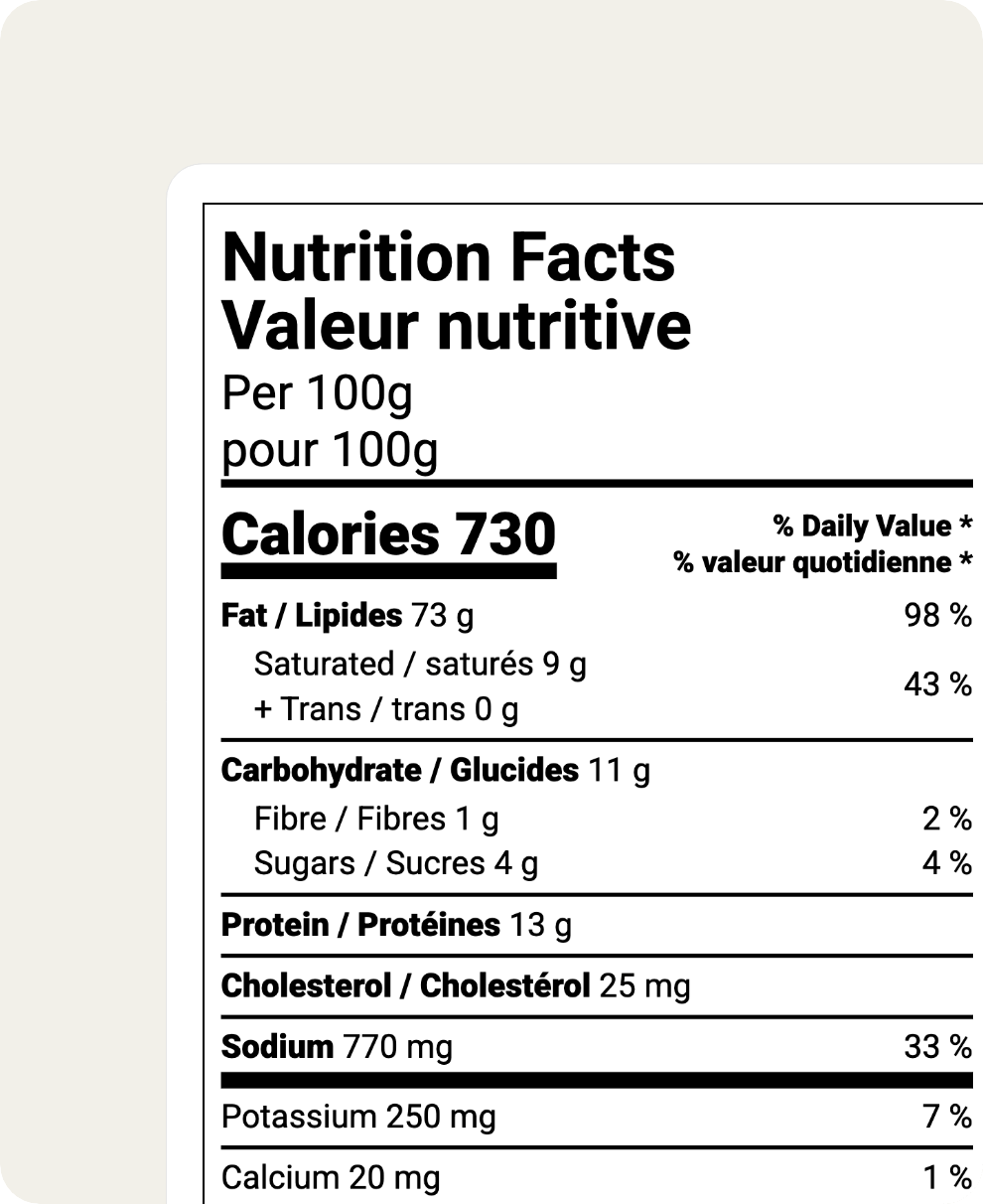 Canada bilingual Nutrition Facts / Valeur nutritive label showing 730 calories per 100g with full nutrient breakdown