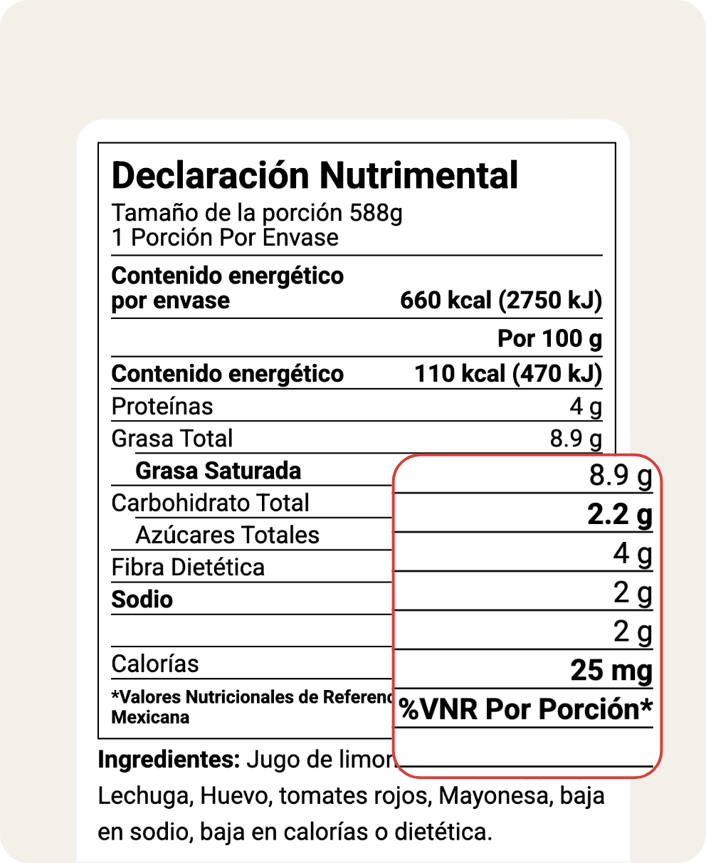 Mexico Declaracion Nutrimental with 660 kcal per serving showing highlighted nutrient values for compliance review