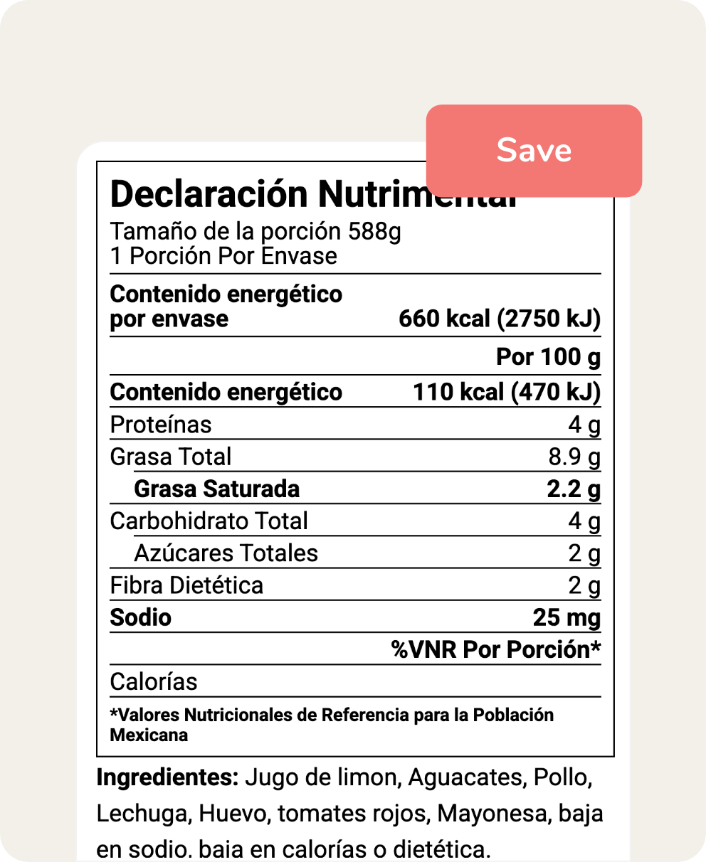 Mexico Declaracion Nutrimental label with Save button showing final nutrient values per serving and per 100g