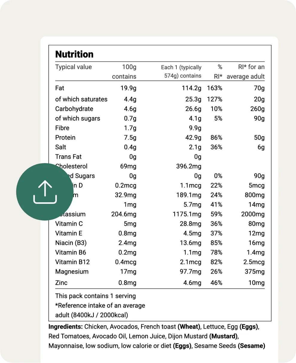 UK Nutrition information table with AI data extraction upload icon showing automated label data import
