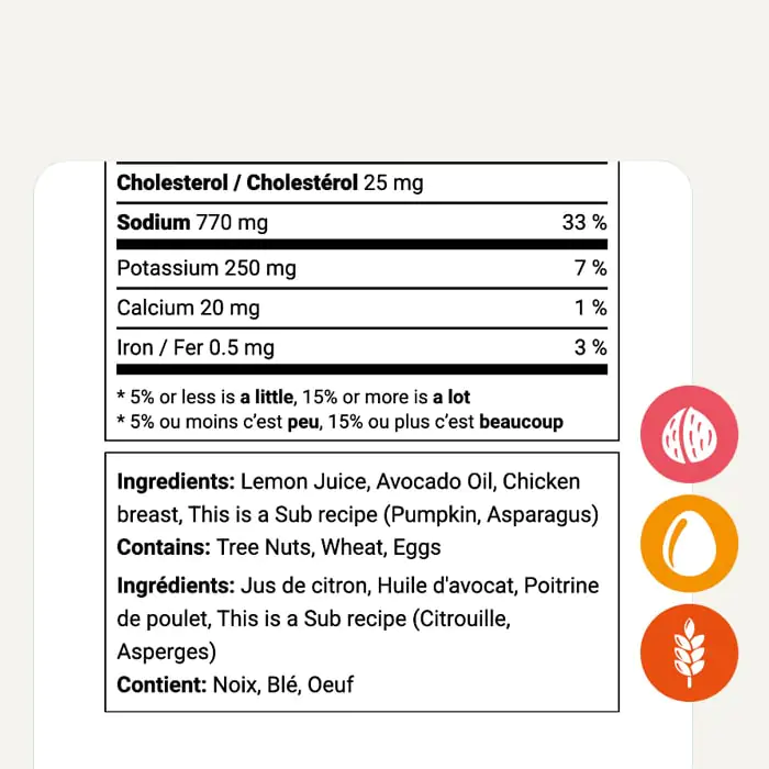 Canada allergen identification showing bilingual ingredient list with Contains declaration and Tree Nuts, Wheat, Eggs icons