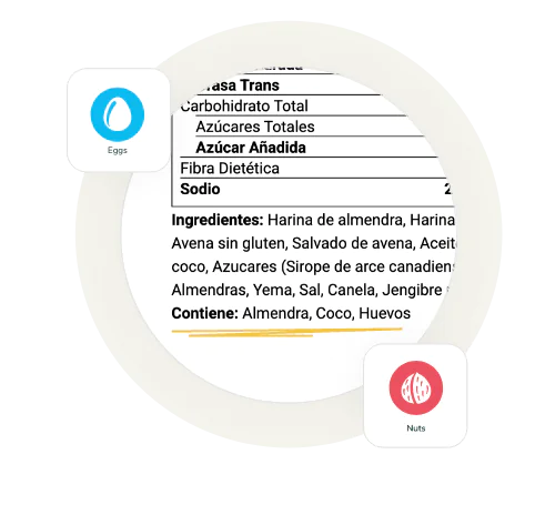 Mexico allergen identification showing Spanish ingredient list with Contiene declaration and Almendra, Coco, Huevos icons