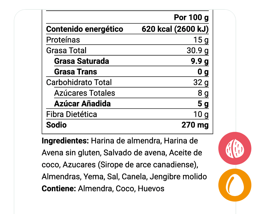 Mexico Declaracion Nutrimental per-100g nutritional values with Almendra and Huevo allergen icons