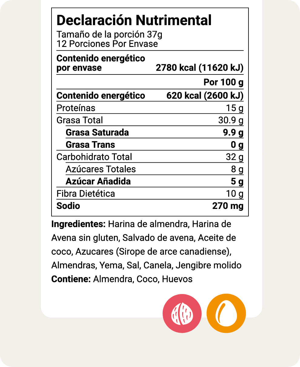 Mexico Declaracion Nutrimental label per-serving and per-100g with Contiene Almendra, Coco, Huevos allergen declaration