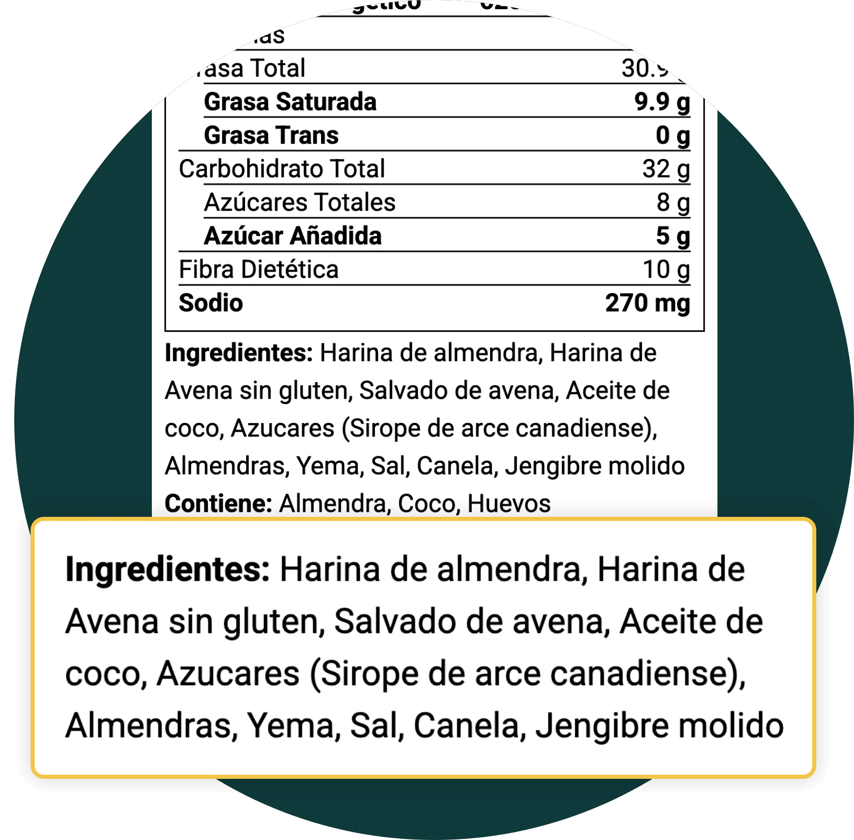 Mexican Declaracion Nutrimental with ingredient list and allergen Contiene declaration highlighted